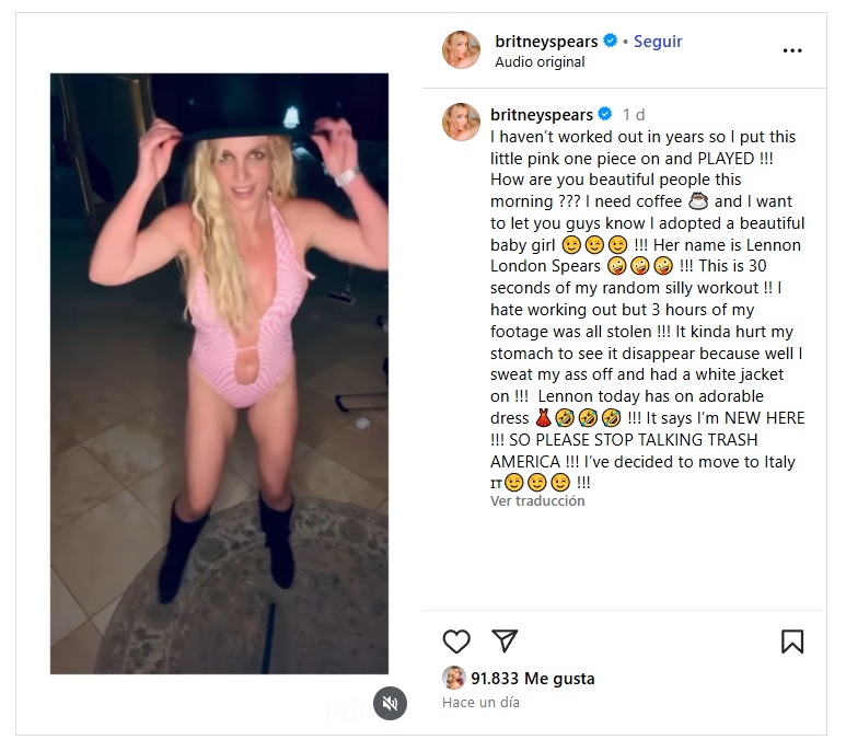Britney Spears anuncia que adoptó a una niña (Foto: Instagram)