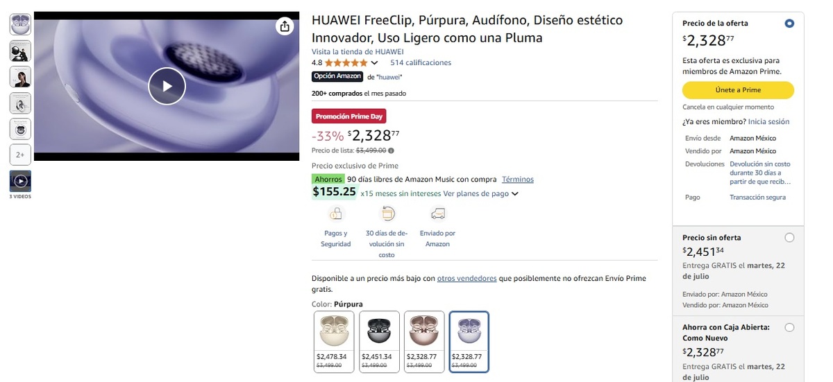 Oferta de Huawei FreeClip en Amazon (Foto: Amazon)