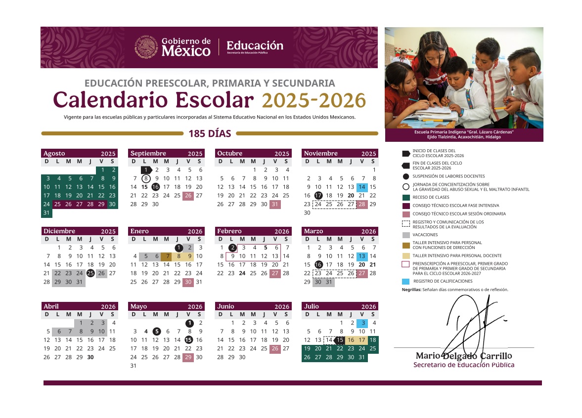Calendario oficial del ciclo escolar 2025-2026 (Foto: SEP)