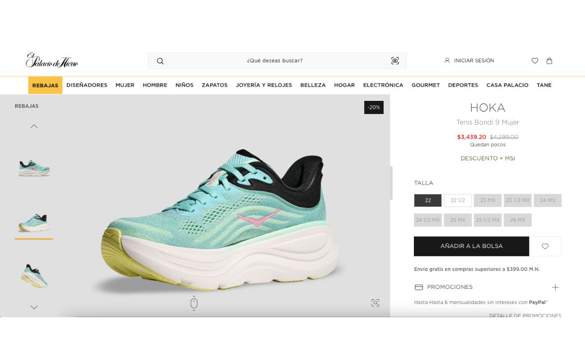 Precio de los Hoka Bondi 9 en oferta (Palacio de Hierro)