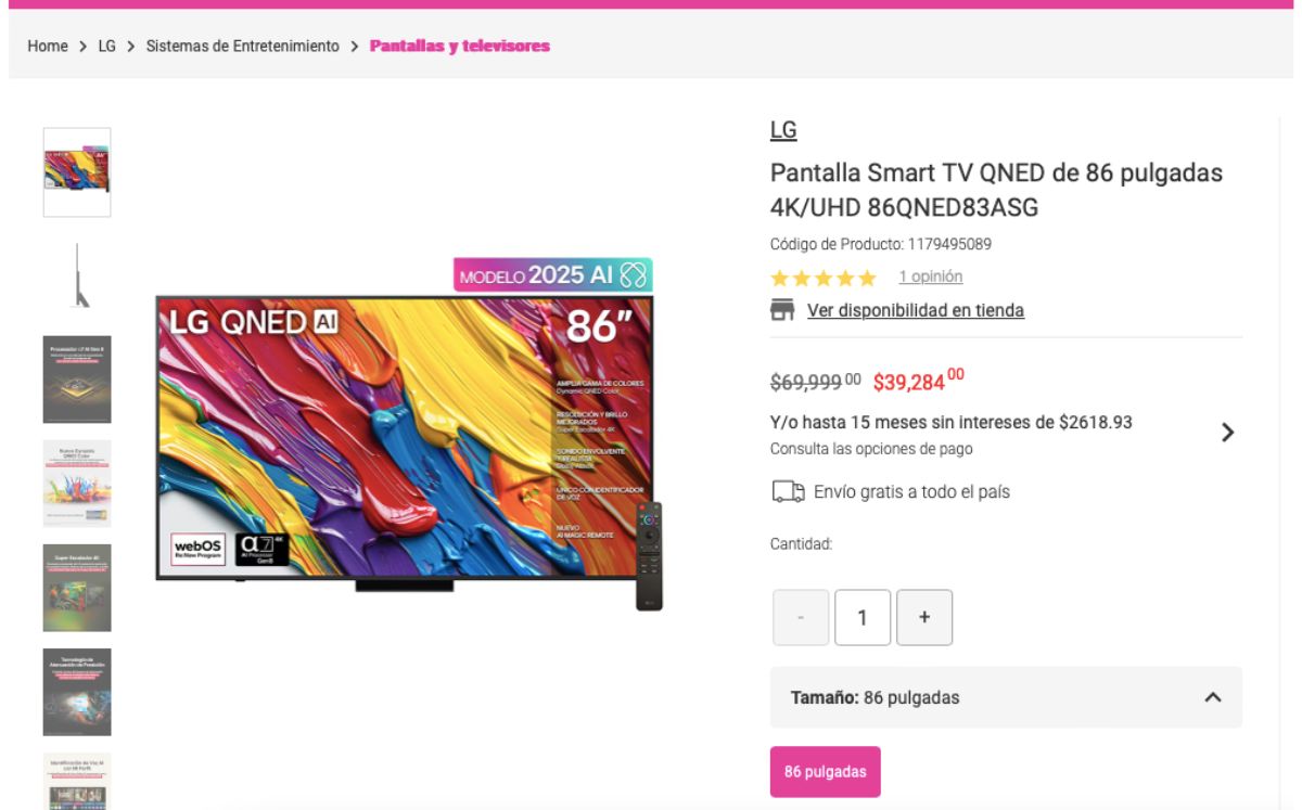 Precio de la Smart TV LG de 86 pulgadas (Liverpool)