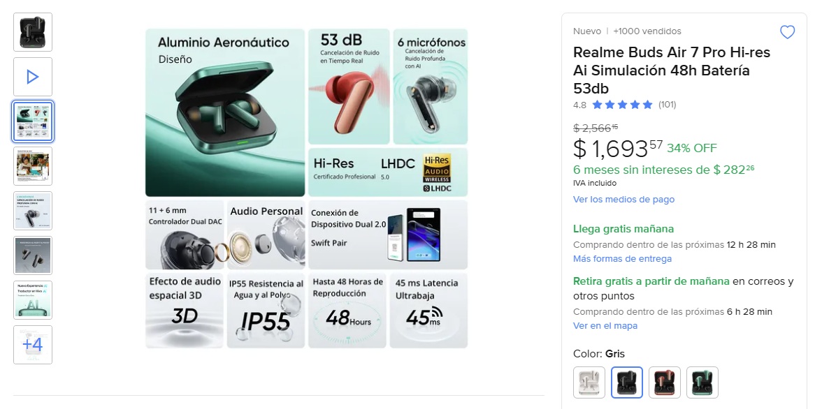 Oferta de los realme Buds Air7 Pro (Foto: Mercado Libre)