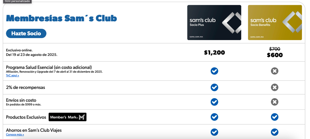 Precio de las membresía de Sam's Club (Sam's Club)