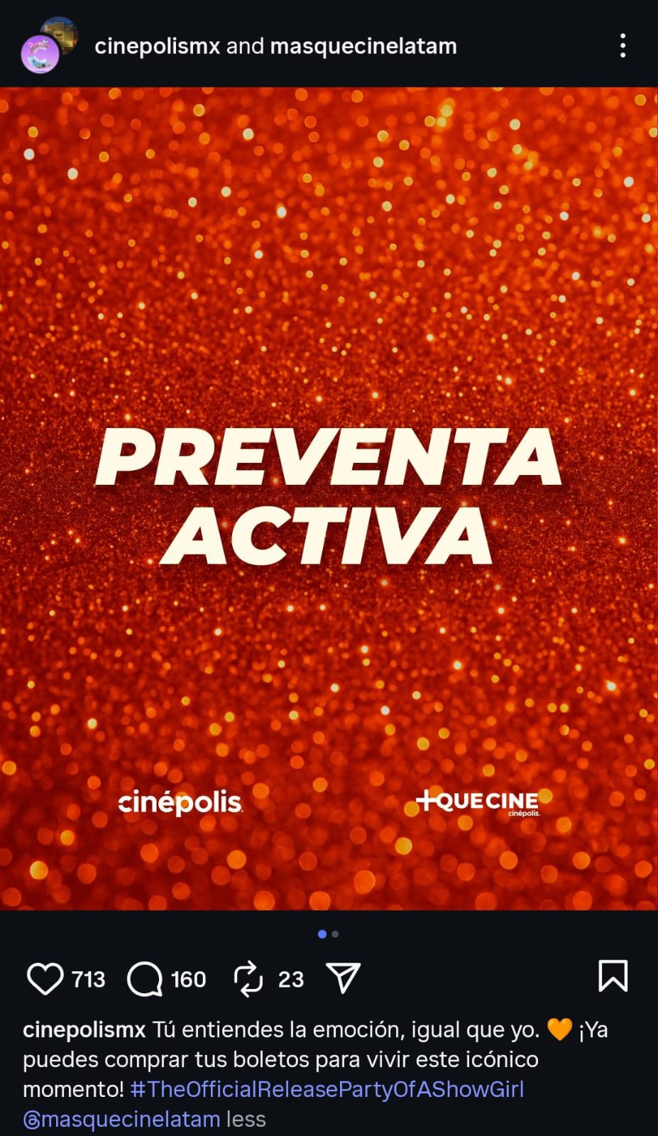 Post de Cinépolis en redes sociales para la preventa de Taylor Swift (Instagram)