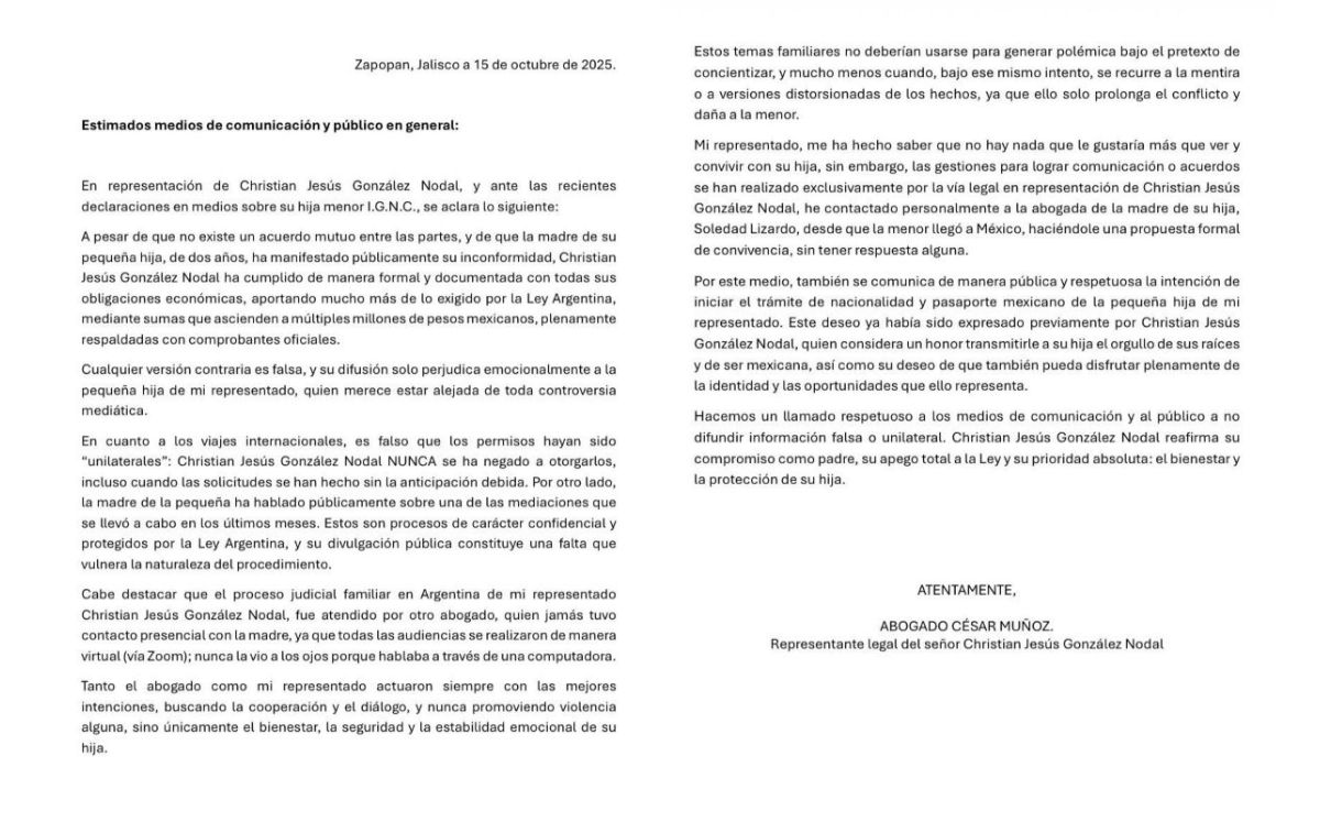 Comunicado del abogado de Nodal (Instagram)