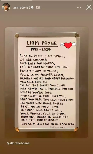 Mensaje de la mamá de Harry Styles por la muerte de Liam Payne (Instagram)