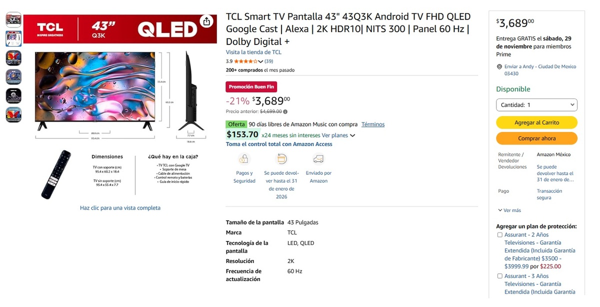 Oferta de la Smart TV de 43 pulgadas en Amazon (Foto: Amazon)