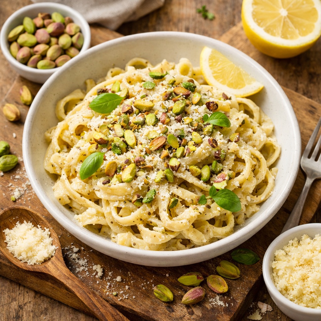 Pasta cremosa con pistache, parmesano y limón
