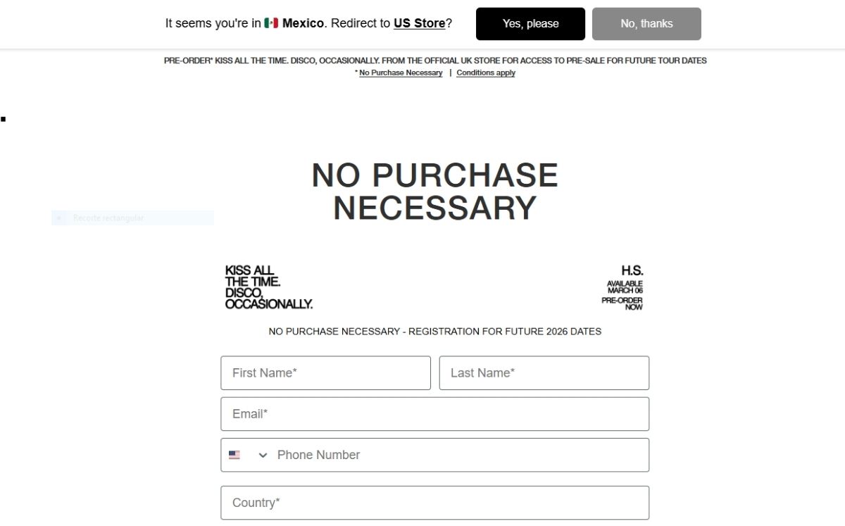 Página en la que puedes realizar tu registro para futuras actualizaciones sobre Harry Styles (Foto: Sony Music)