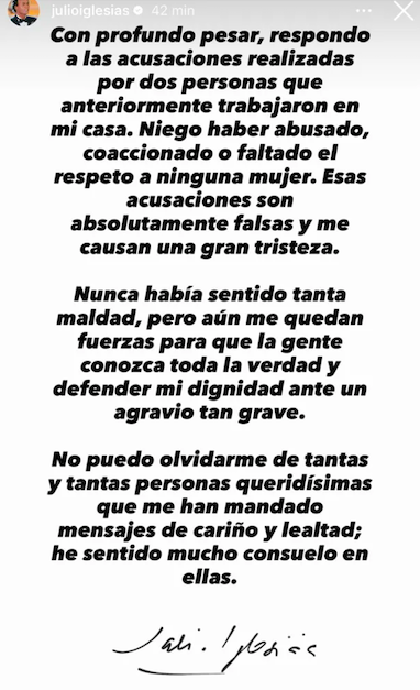 Comunicado de Julio Iglesias (Instagram)