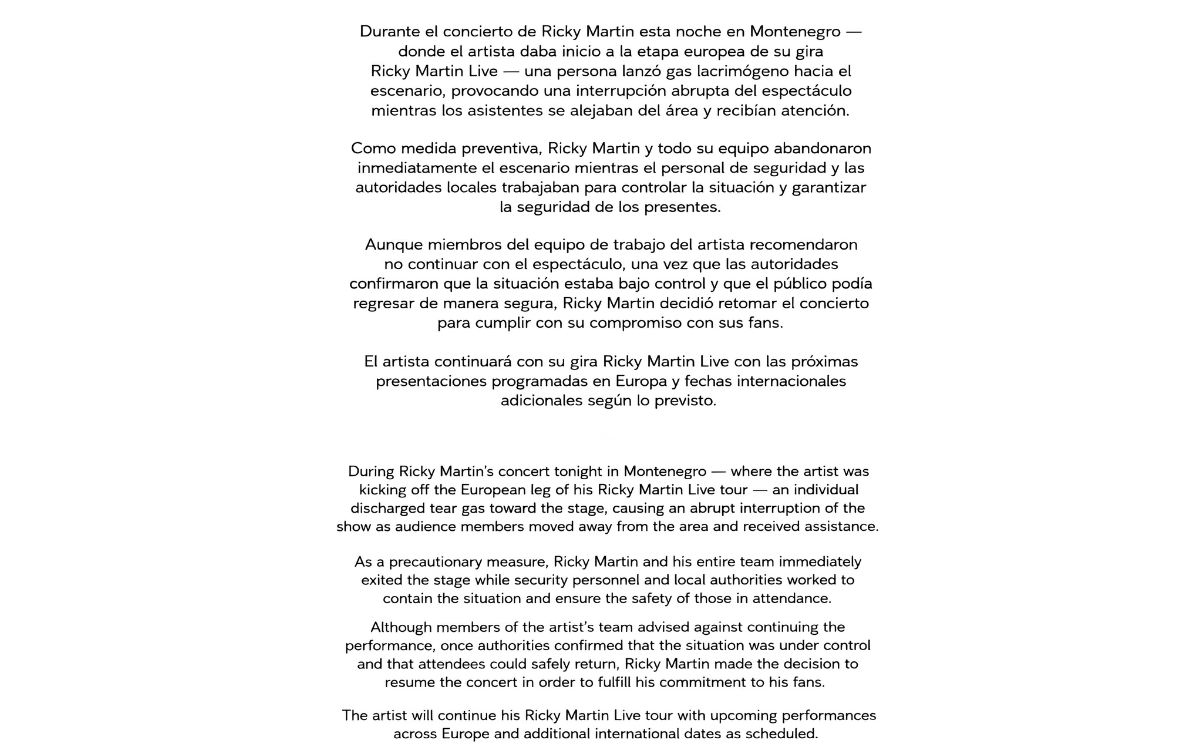 Comunicado sobre el incidente en el concierto de Ricky Martin en Montenegro (Foto:@rondenepr)