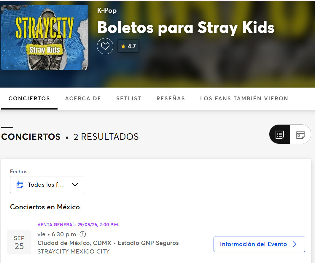 Venta general para Stray Kids en Ticketmaster (Foto: Ticketmaster)