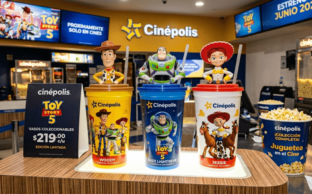 Vasos coleccionables de “Toy Story 5” inspirados en Woody, Buzz Lightyear y Jessie llegarán a Cinépolis (Foto: IA)