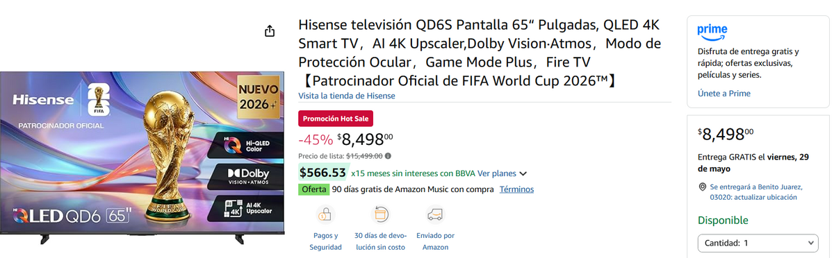 Pantalla Hisense de 65 pulgadas en oferta en Amazon Prime (Foto: Amazon Prime)