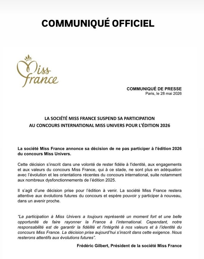 Comunicado de la cuenta @missfranceoff en Instagram (Foto:IG/X@@DiversaBelleza)