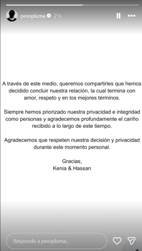 Comunicado de Peso Pluma y Kenia Os en Instagram (Foto: Instagram)