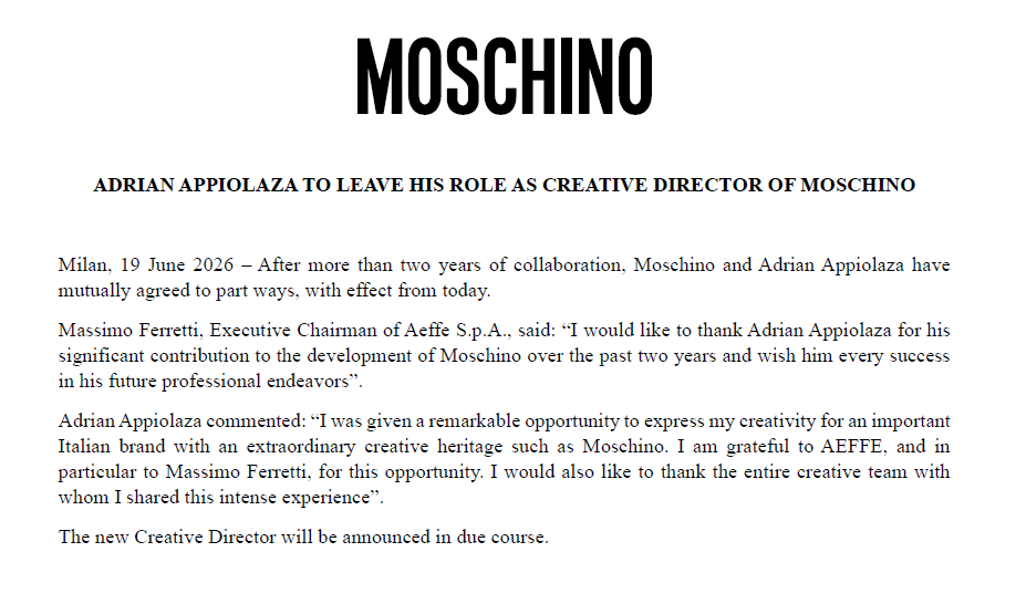 Comunicado de Moschino (Foto: AEFFE)
