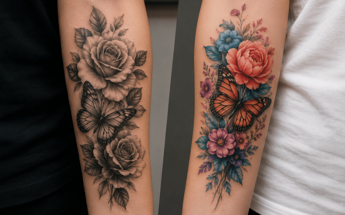 Diferencias de tatuajes de color y tatuajes blanco y negro (Imagen IA)