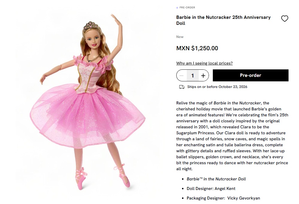 ¿Cuánto cuesta y cuándo sale a la venta la Barbie de "El Cascanueces"? (Foto: Mattel Creations)