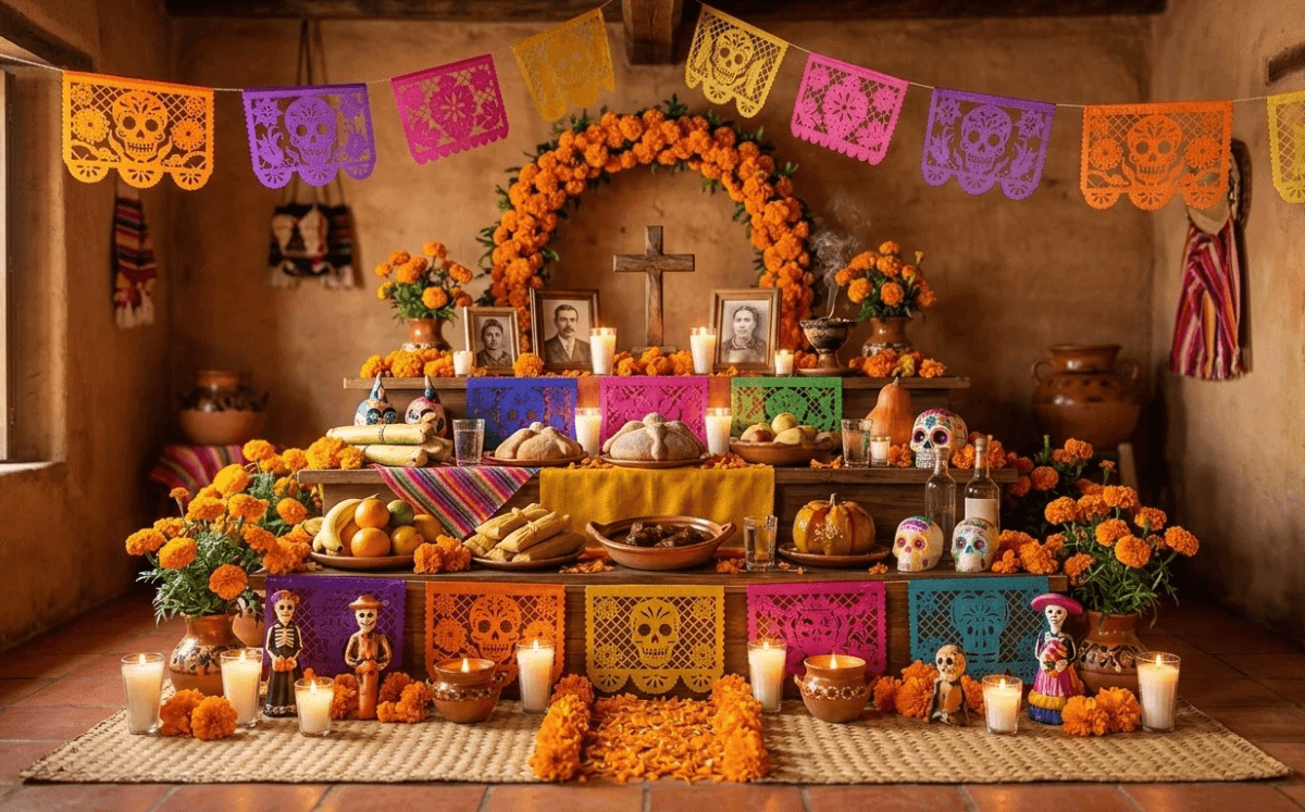 Altar de Día de Muertos para recordar a seres queridos (Foto: IA)