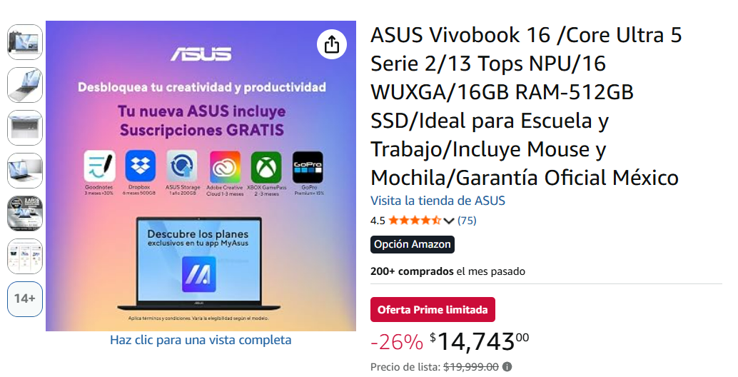 Amazon remata laptop ASUS Vivobook 16 con mochila y mouse de regalo (Foto: Amazon)